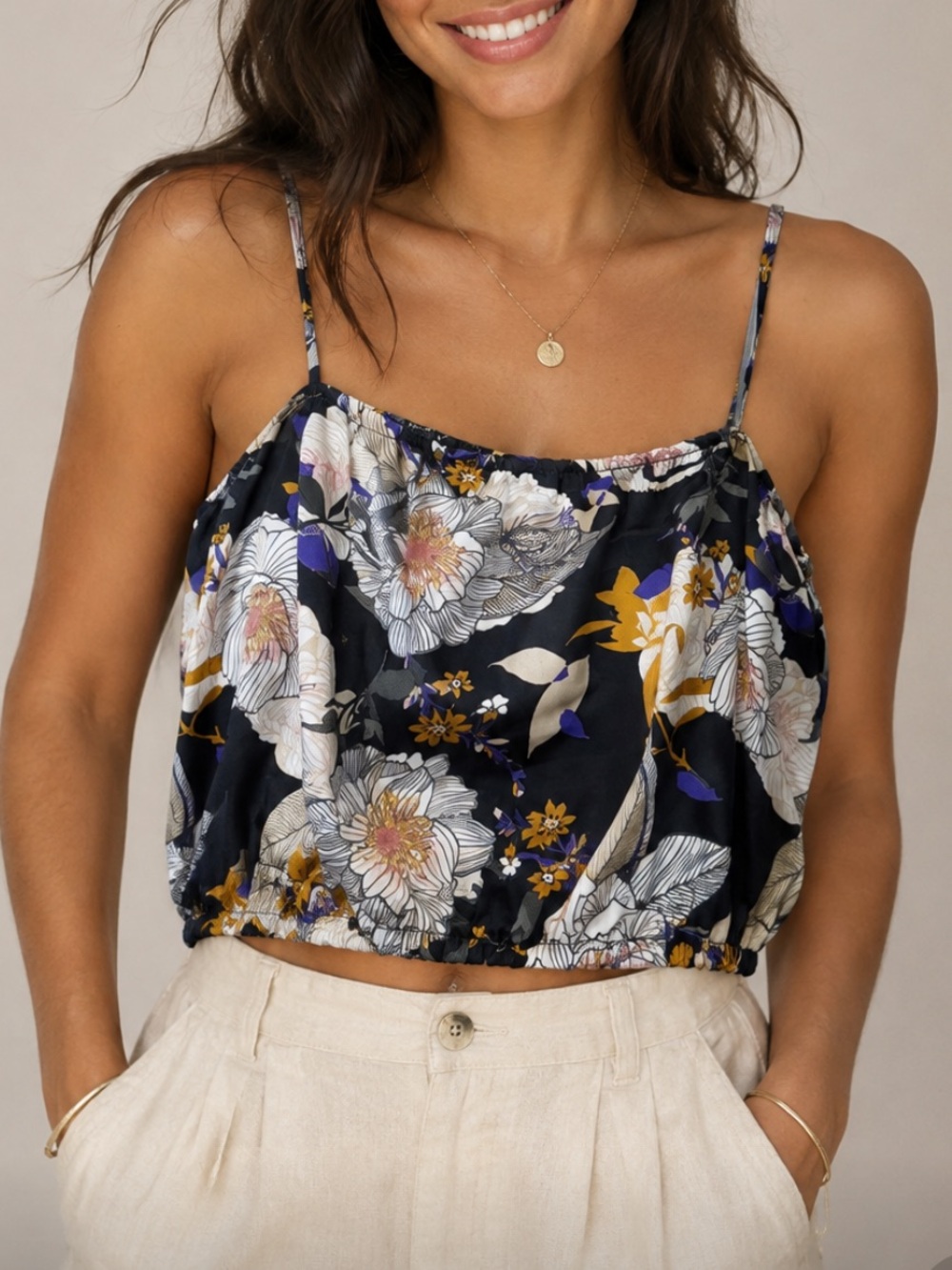 Janet Chung Satin Floral Cropped Spaghetti-Strap Top in Black